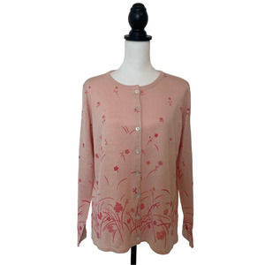 Norm Thompson Womens Pink Floral 100% Silk Cardigan Sweater Top Size L NWOT Gift